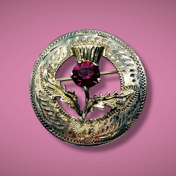 Vintage Jewelry - Dainty Vintage Sterling Silver and Amethyst Thistle Brooch